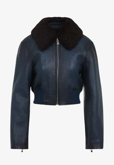 Alaïa Aviator Leather Cropped Jacket In Blue