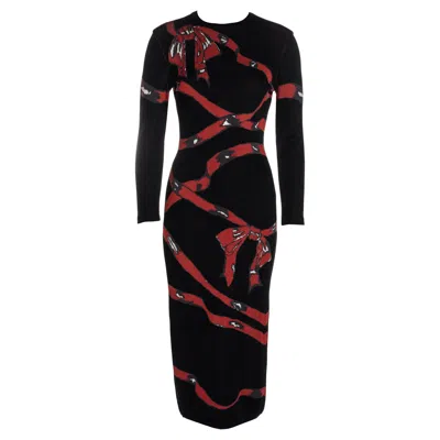 Pre-owned Alaïa Azzedine Alaia Black Knitted Bodycon Dress With Red Ribbon Graphic, Fw 1992