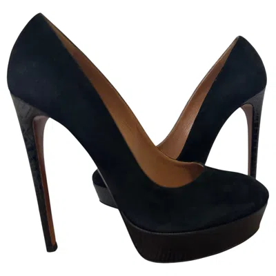 Pre-owned Alaïa Azzedine  Black Suede Pumps Eu 38.5 Croc Leather Platform Stiletto Rare