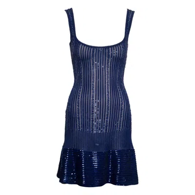 Pre-owned Alaïa Azzedine Alaia Blue Lace Rib Knit Embellished Mini Dress And Cardigan, Ss 1996