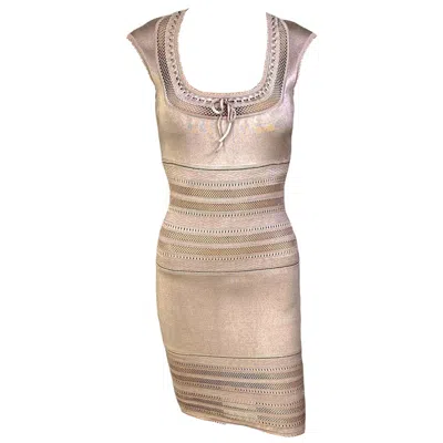 Pre-owned Alaïa Azzedine Alaia C. 1993 Vintage Semi-sheer Crochet Knit Bodycon Dress In Sand