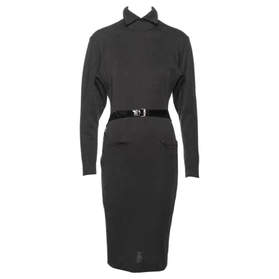 Pre-owned Alaïa Azzedine Alaia Charcoal Grey Wool Wrap Dress With Belted Waist, Fw 1983 In Gray