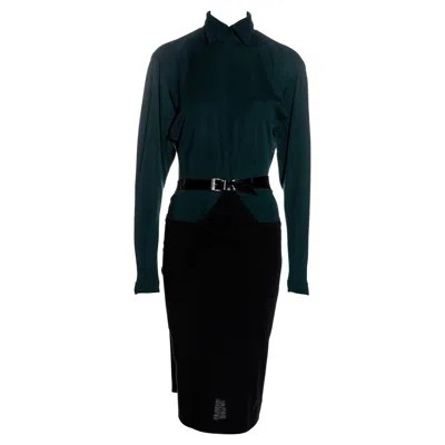 Pre-owned Alaïa Azzedine  Green And Black Wool Jersey Wrap Dress, Fw 1982