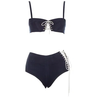 Pre-owned Alaïa Azzedine Alaia Indigo Cotton Denim Lace Up Bra Top And Shorts, Ss 1991 In Blue