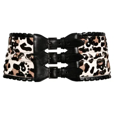 Pre-owned Alaïa Azzedine Alaia Leopard Printed Corset Belt With Black Leather Trim & Studs