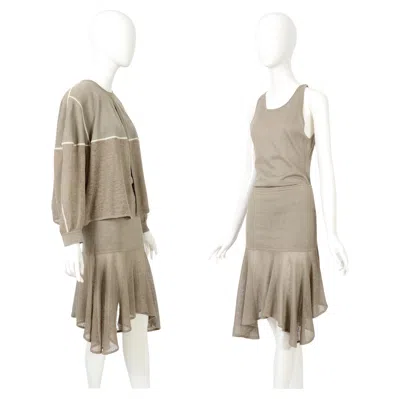 Pre-owned Alaïa Azzedine  Linen Knit 3 Piece Bodysuit, Skirt & Cardigan Set, Ss 1983 In Sand