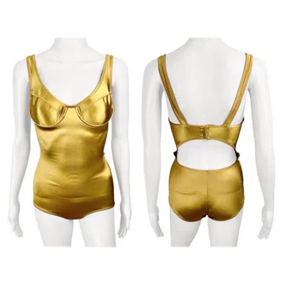 Pre-owned Alaïa Azzedine Alaia S/s 1987 Runway Bustier Cutout Back Gold Bodysuit Swimsuit