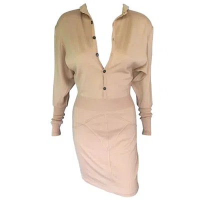 Pre-owned Alaïa Azzedine Alaia S/s 1989 Vintage Fitted Plunged Mini Dress In Sand