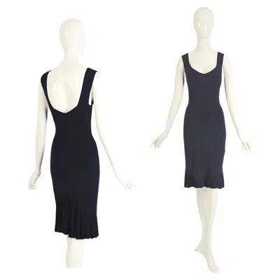 Pre-owned Alaïa Azzedine Alaia Ss 1990 Vintage Navy Blue Rayon Knit Body Con Pleated Hem Dress