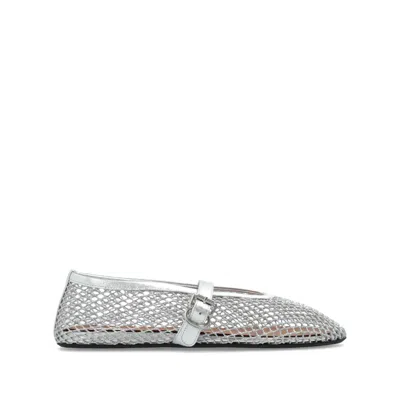 Alaïa Ballet Flats In Laminated Fishnet In Silver