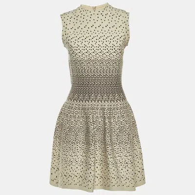 Pre-owned Alaïa Beige Leopard Pattern Wool Blend Knit Mini Dress L In Sand