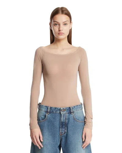 Alaïa Beige Off-the-shoulder Knit Bodysuit In Brown