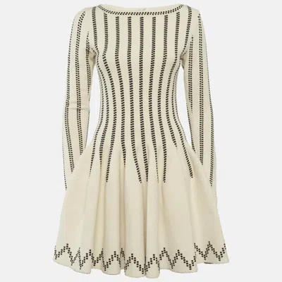 Pre-owned Alaïa Beige Stripe Intarsia Stretch Knit Flared Mini Dress S In Sand