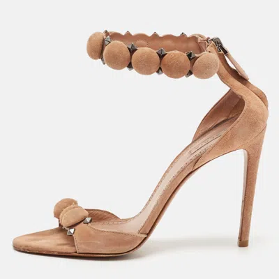 Pre-owned Alaïa Beige Suede Studded Bombe T-strap Ankle Cuff Sandals Size 38.5