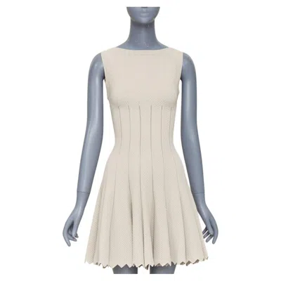 Pre-owned Alaïa Alaia Beige Viscose Chevron Cellular Jacquard Lattice Scalloped Dress Fr38 M In Brown