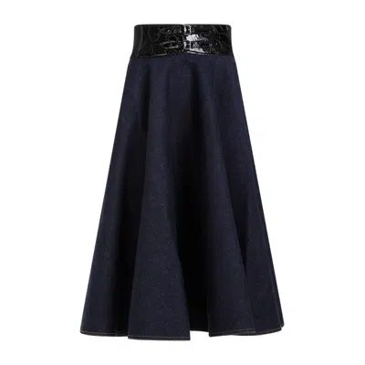 Alaïa Belt Denim Blue Cotton Midi Skirt In Black