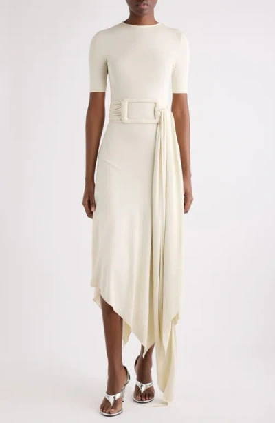 Alaïa Belted Bias Cut Fluid Jersey Asymmetric Dress In Brown