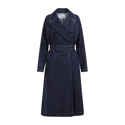 Alaïa Denim Belted Trench Coat In Navy Blue