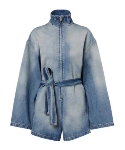 Alaïa Belted Cotton Denim Romper In Blue
