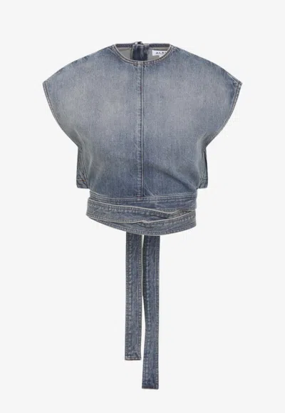 Alaïa Belted Cropped Denim Top In Blue