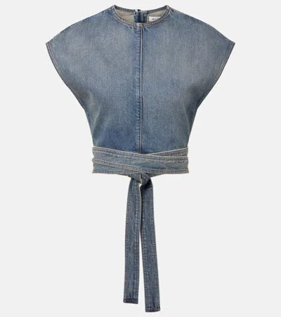 Alaïa Faded Blue Washed Raw Denim Belted Top