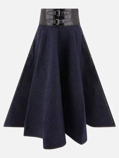 Alaïa Dark Denim High Waist Skirt With Leather Belt For Women In Bleudenim