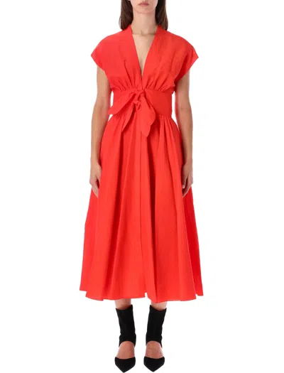Alaïa Alaia Belted Linen-blend Midi Dress With Deep V-neck, Cap Sleeves & Knotted Waist In Vermilion Red