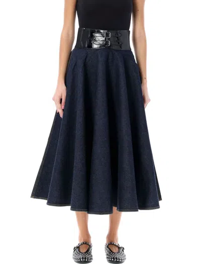 Alaïa Embossed Leather Belted Denim Flared Midi Skirt In Blue