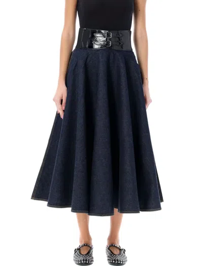 Alaïa Belted Cotton Midi Skirt In Dark Wash