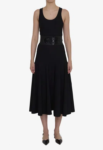 Alaïa Belted Midi Sleeveless Dress In Black