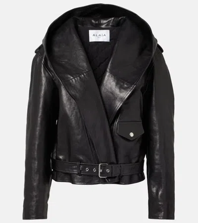Alaïa Womens Noir Alaia Hooded Zip-pockets Relaxed-fit Leather Jacket