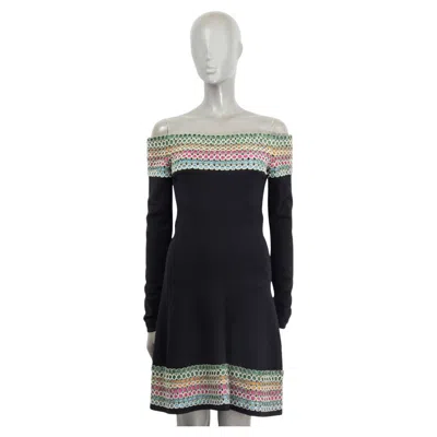 Pre-owned Alaïa Alaia Black & Multicolor Wool Blend Off Shoulder Flared Dress Xs