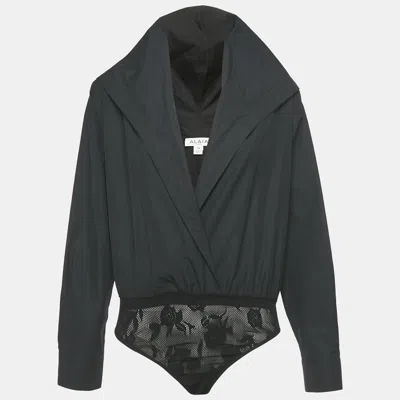 Pre-owned Alaïa Black Cotton Plunging Neck Hooded Bodysuit S