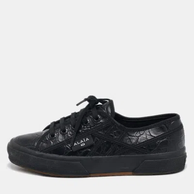 Pre-owned Alaïa Black Croc Embossed Leather Superga Sneakers Size 37