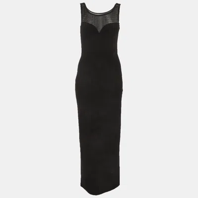 Pre-owned Alaïa Black Crochet And Brushed Synthetic Paneled Midi Dress M