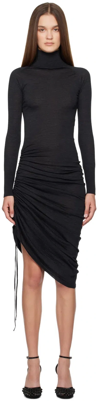 ALAÏA BLACK DRAPED MIDI DRESS