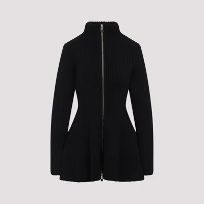 ALAÏA BLACK FLARED RIBBED KNIT CARDIGAN
