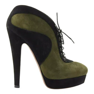 Pre-owned Alaïa Alaia Black Green Suede Leather Lace Up Platform Ankle Bootie Eu37