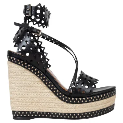 Pre-owned Alaïa Alaia Black Leather 2020 Laser Cut Espadrille Wedge Platform Sandals Shoes 37