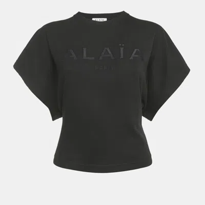 Pre-owned Alaïa Black Logo Embroidered Cotton Crew Neck T-shirt S