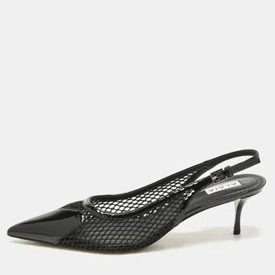 Pre-owned Alaïa Black Patent Leather And Mesh Le Coeur Slingback Pointed Toe Pumps Size 41