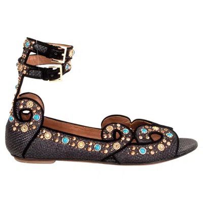 Pre-owned Alaïa Alaia Black Raffia Embellished Flat Ankle Strap Sandals Shoes 38