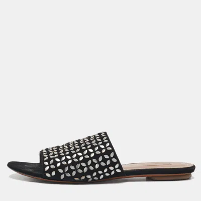Pre-owned Alaïa Black Suede Embellished Flat Slides Size 36.5