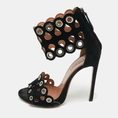 Pre-owned Alaïa Black Suede Eyelet Embellished Ankle Strap Sandals Size 35