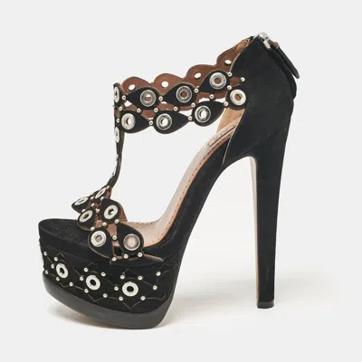 Pre-owned Alaïa Black Suede Eyelet Studded Platform Sandals Size 36.5