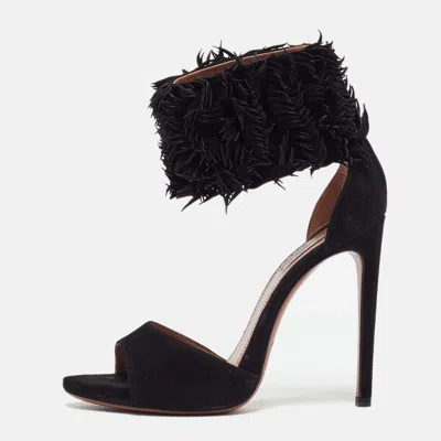 Pre-owned Alaïa Black Suede Fringed Chamois Ankle Cuff Sandals Size 37