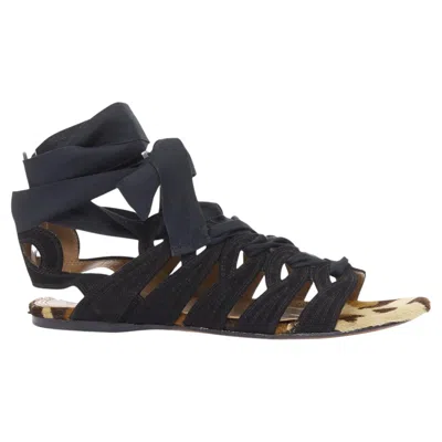 Pre-owned Alaïa Alaia Black Suede Leopard Pony Hair Wrap Tie Lace Up Gladiator Sandals Eu36.5