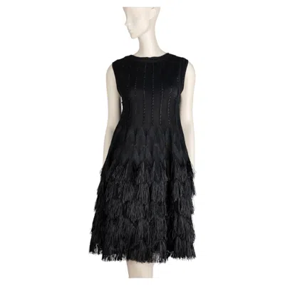 Pre-owned Alaïa Black Textured Raffia Fringe Knit Dress Size 38 It
