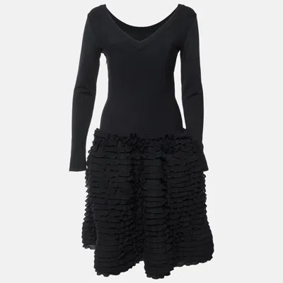 Pre-owned Alaïa Black Textured Wool Blend Knit Laurier Mini Dress M