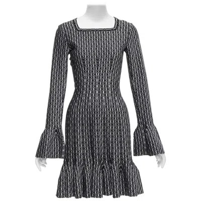 Pre-owned Alaïa Alaia Black White Wool Jacquard Square Neck Flared Hem Cocktail Dress Fr38 M